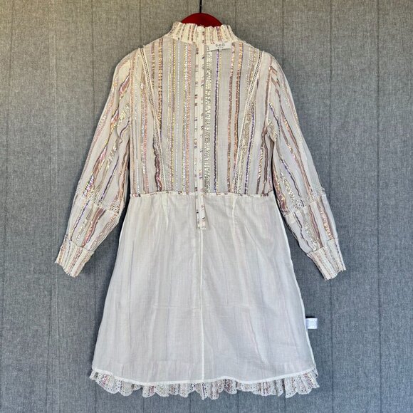 Sea New York Cream Metallic Striped Eyelet Ruffle Long Puff Sleeve Short Dress - Picture 15 of 17